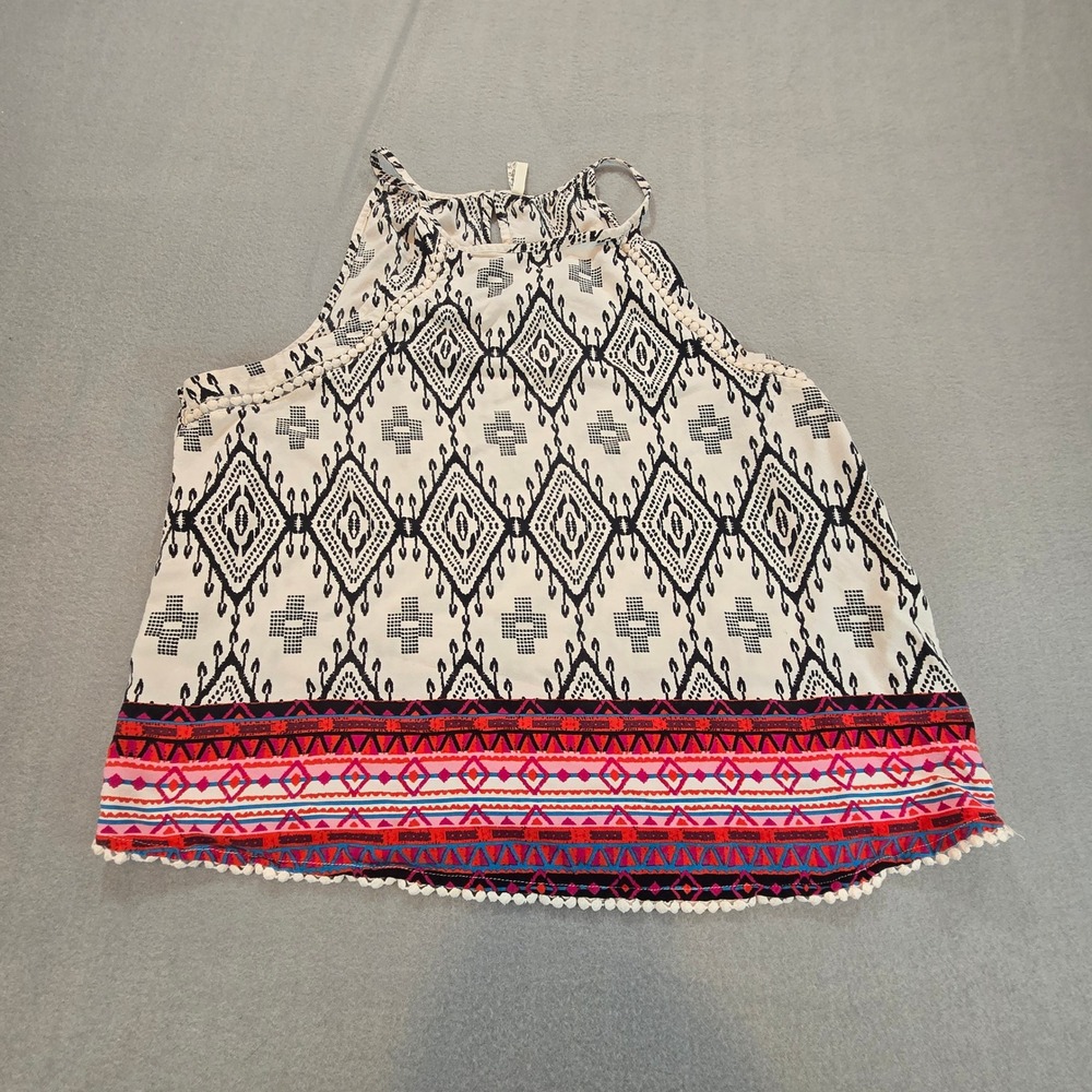 Mudd Halter Tank Top‎ Womens XL White Black Pink Geometric Tribal Pom Pom Trim